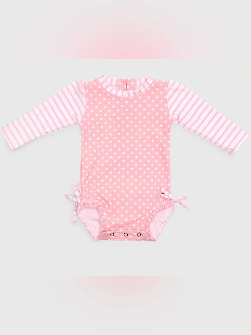 Ruffle Butts Pink Polka Dot Baby Girls' Long Sleeve Onesie Rash Guard swimsuit